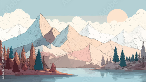 Mountain Retreat Postcard Design with Serene Landscape Views and Cozy Cabin Illustration