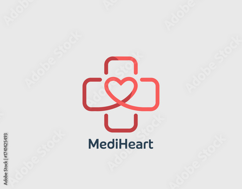 This logo design combines a heart within a medical cross, representing health and care, ideal for the MediHeart brand focused on innovative healthcare solutions and compassion.