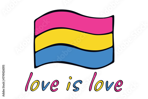 Colorful Pansexual pride flag Happy pride day LGBTQ community Pride Month Vector hand drawn doodle for posters, stickers, logo, cards
