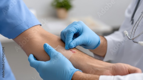 Close-up of a physician treating a patient's elbow wound in a clean medical clinic environment. 