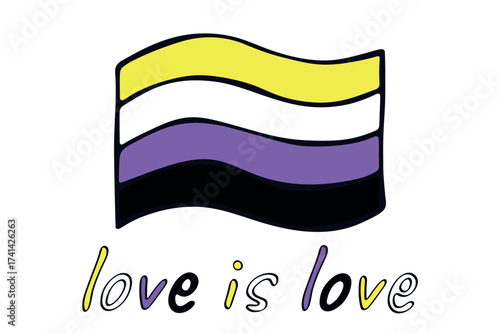 Colorful Non-binary pride flag Happy pride day LGBTQ community Pride Month Vector hand drawn doodle for posters, stickers, logo, cards