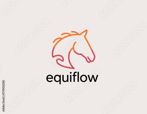 A sleek logo design showcasing a horse head outlined with smooth flowing lines, symbolizing grace and freedom, ideal for equestrian brands and related businesses.