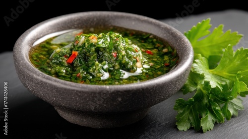 Close-up of chimichurri sauce with green parsley and chili, served in a small bowl on a dark background. 