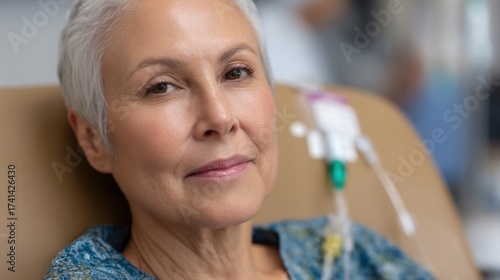 Close-up of an elderly female patient with a catheter and IV line, receiving cancer care at a wellness clinic. 
