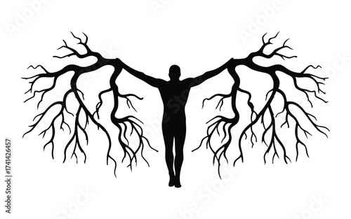 Striking Silhouette of a Person Merged with a Tree Symbolizing Growth and Transformation