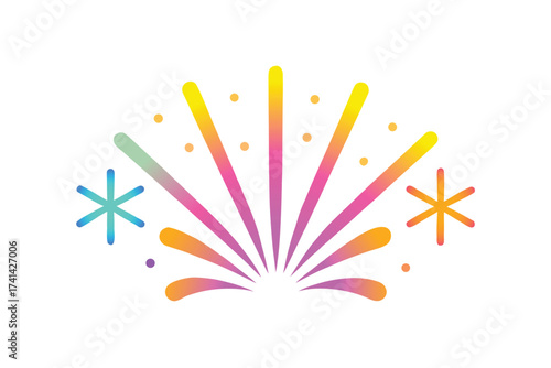 Bright rainbow fireworks display with colorful rays, dots, and starbursts, creating a lively festive mood perfect for New Year, party, festival, or celebration themes.