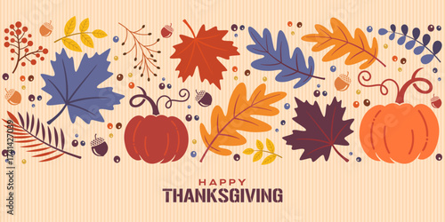 Happy Thanksgiving day vector, banner, card, printable with fall leaves background, pumpkins, leaves, acorns, berries, plants, illustration of autumn holiday clipart icons