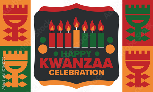 Kwanzaa Happy Celebration. African and African-American culture holiday. Seven days festival, celebrate annual from December 26 to January 1. Black history. Poster, card, banner and background. Vector