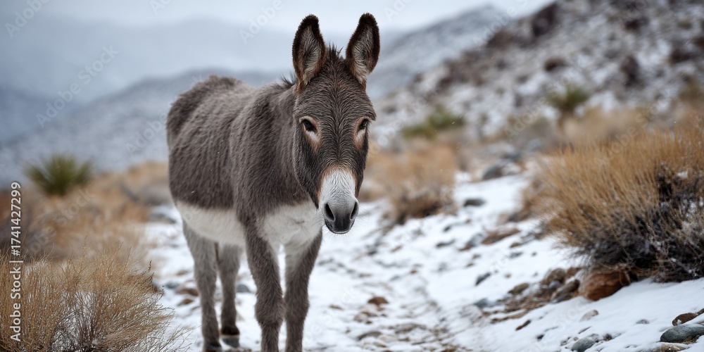 Naklejka premium Desert wildlife, a wild burro, enduring the harsh winter conditions.