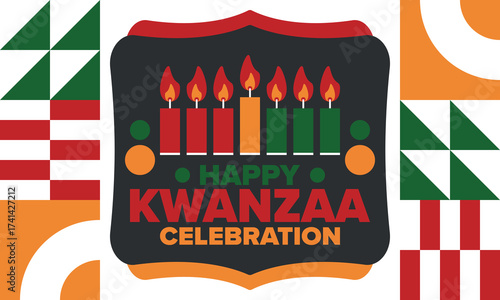 Kwanzaa Happy Celebration. African and African-American culture holiday. Seven days festival, celebrate annual from December 26 to January 1. Black history. Poster, card, banner and background. Vector