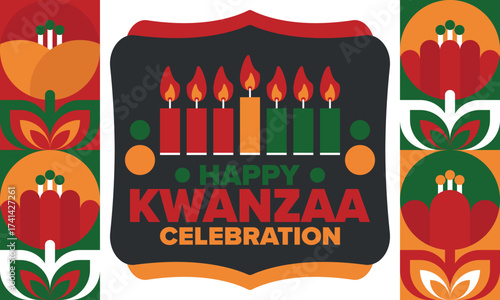 Kwanzaa Happy Celebration. African and African-American culture holiday. Seven days festival, celebrate annual from December 26 to January 1. Black history. Poster, card, banner and background. Vector