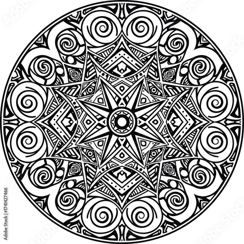 Vector circular abstract ornament inspired by Toraja wood carving geometry, intricate tribal swirl and star pattern mandala design