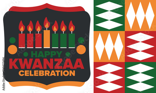 Kwanzaa Happy Celebration. African and African-American culture holiday. Seven days festival, celebrate annual from December 26 to January 1. Black history. Poster, card, banner and background. Vector