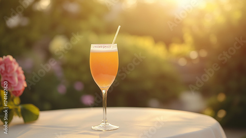 Refreshing peach bellini cocktail on table in garden during sunset  