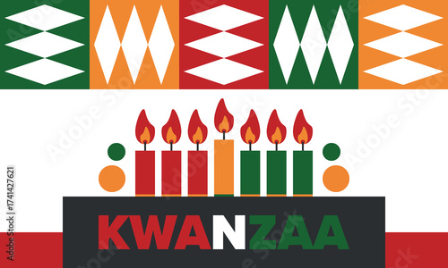Kwanzaa Happy Celebration. African and African-American culture holiday. Seven days festival, celebrate annual from December 26 to January 1. Black history. Poster, card, banner and background. Vector