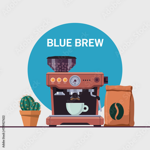 The image features a stylish coffee machine with a cup, a bag of beans, and a potted cactus, representing a modern coffee experience and an artistic take on brewing coffee at home.