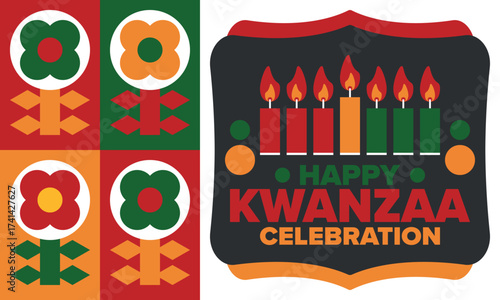 Kwanzaa Happy Celebration. African and African-American culture holiday. Seven days festival, celebrate annual from December 26 to January 1. Black history. Poster, card, banner and background. Vector