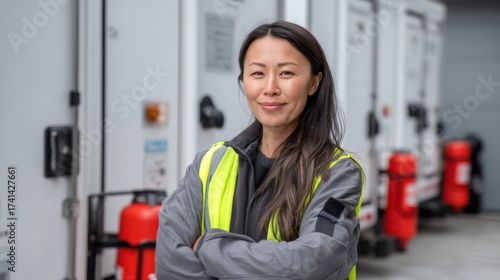Female technician of Asian descent standing near hydrogen trailers, overseeing renewable energy operations. 