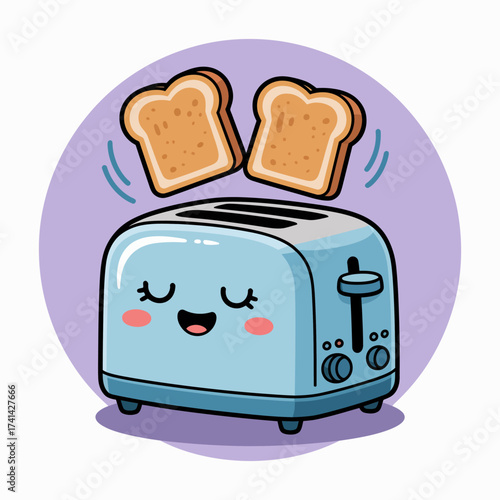 A whimsical illustration of a cheerful blue toaster with two slices of toasted bread popping up, symbolizing warmth, comfort, and breakfast joy for everyone.