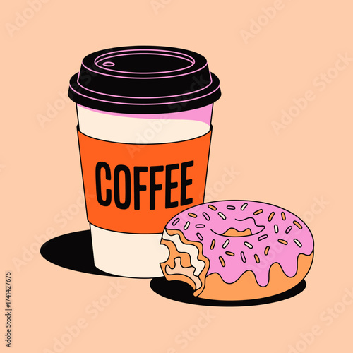 This vibrant image represents a coffee cup alongside a delicious donut, showcasing a delightful breakfast combo that brings happiness and a cheerful start to the day.