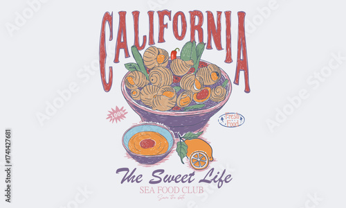 Fresh snail bowl print. Eat more food. Snail bowl print design. California restaurant food. Seafood bowl vector artwork.