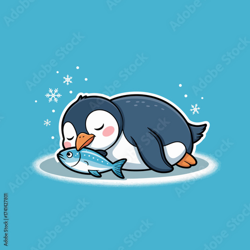 An endearing illustration of a cozy penguin peacefully sleeping with a fish, capturing the essence of tranquility, comfort, and warmth in a charming design.