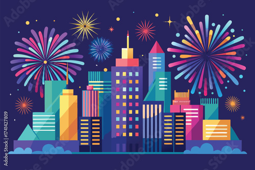 Vibrant City Skyline At Night With Fireworks Celebration Over Colorful Buildings