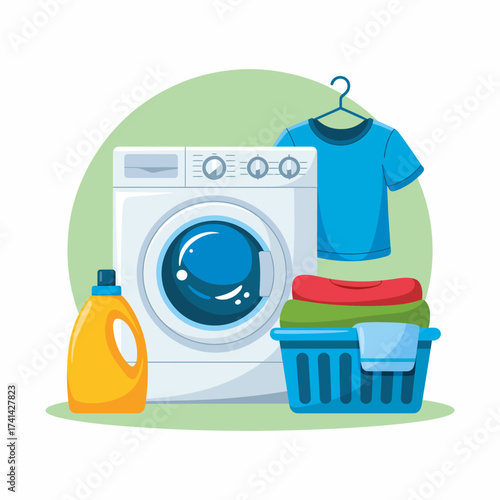 A cheerful illustration depicting a laundry scene featuring a washing machine, clothes, and detergent, celebrating the importance of cleanliness and household chores.