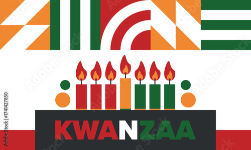 Kwanzaa Happy Celebration. African and African-American culture holiday. Seven days festival, celebrate annual from December 26 to January 1. Black history. Poster, card, banner and background. Vector