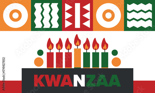 Kwanzaa Happy Celebration. African and African-American culture holiday. Seven days festival, celebrate annual from December 26 to January 1. Black history. Poster, card, banner and background. Vector