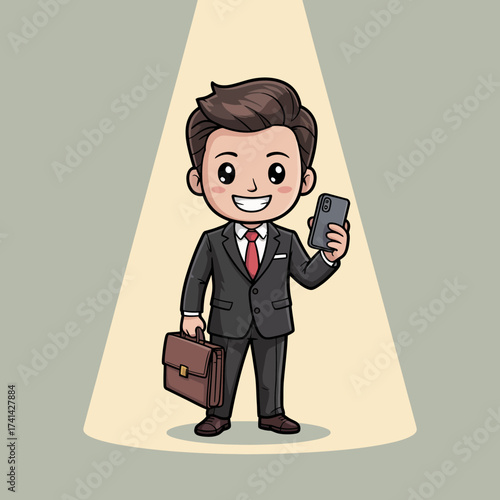 An illustration of a confident business professional with a briefcase and smartphone, highlighting modern business culture, ambition, and determination in a sleek, stylish manner.