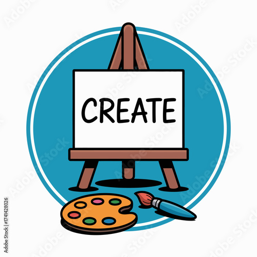 A colorful image showcasing an easel with the word 'CREATE' and a vibrant paint palette, inspiring creativity and artistic expression. Perfect for artist-related themes and designs.