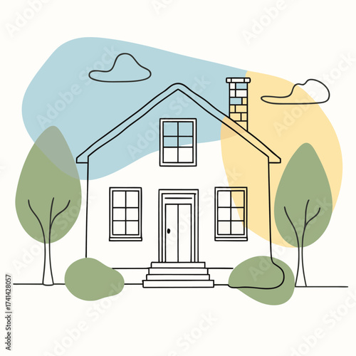Minimalist House Illustration with Trees and Clouds Soft Pastel Colors Simplistic Design Serene Home Scene