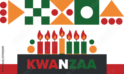 Kwanzaa Happy Celebration. African and African-American culture holiday. Seven days festival, celebrate annual from December 26 to January 1. Black history. Poster, card, banner and background. Vector