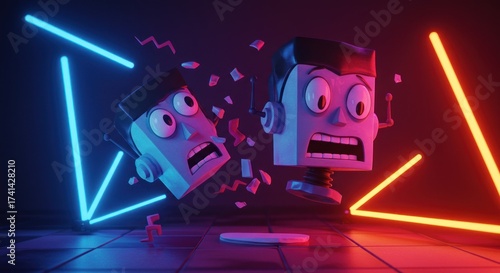 Two frightened robot heads break apart illuminated by neon triangles in a tiled room