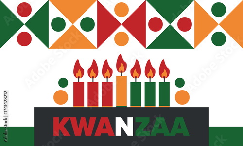 Kwanzaa Happy Celebration. African and African-American culture holiday. Seven days festival, celebrate annual from December 26 to January 1. Black history. Poster, card, banner and background. Vector