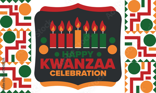Kwanzaa Happy Celebration. African and African-American culture holiday. Seven days festival, celebrate annual from December 26 to January 1. Black history. Poster, card, banner and background. Vector