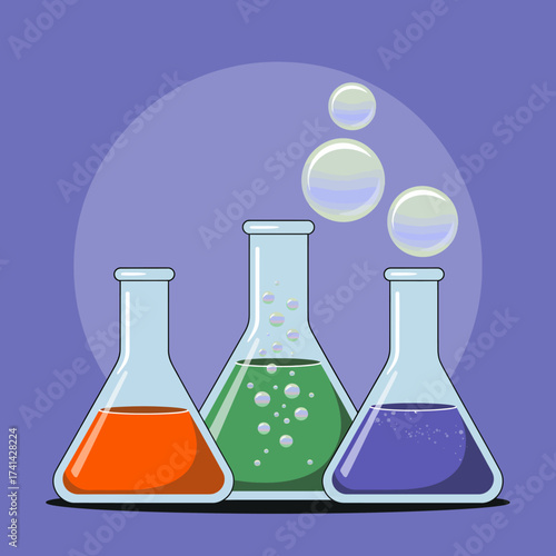 This vibrant artwork features three laboratory flasks filled with colorful liquids and bubbles, perfect for conveying a sense of experimentation and scientific discovery.