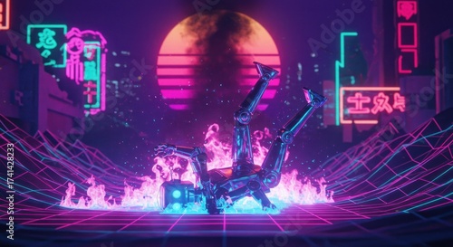 Upsidedown robot engulfed in flames on a neon grid floor with a sunset and neon signs in the background