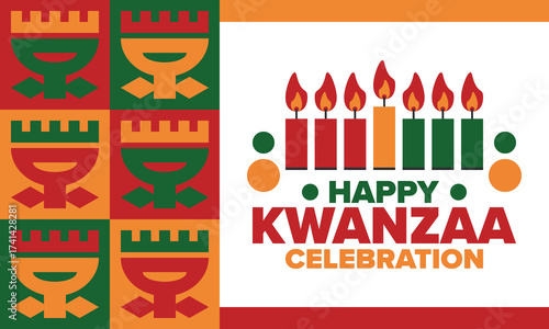 Kwanzaa Happy Celebration. African and African-American culture holiday. Seven days festival, celebrate annual from December 26 to January 1. Black history. Poster, card, banner and background. Vector