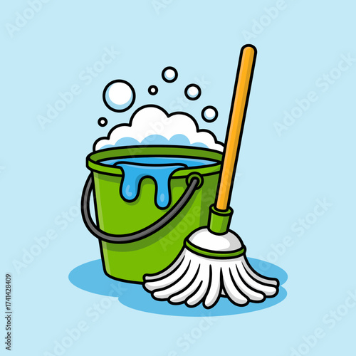 This cheerful illustration depicts a cleaning bucket filled with water and soap bubbles alongside a mop, symbolizing cleanliness, freshness, and household chores.