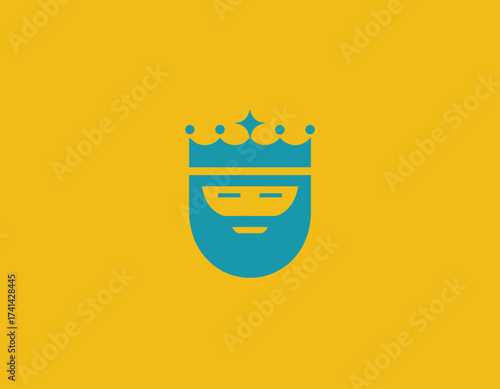 A modern icon depicting a king’s face with a beard and crown, representing authority, royalty, and power, set against a vibrant yellow background.