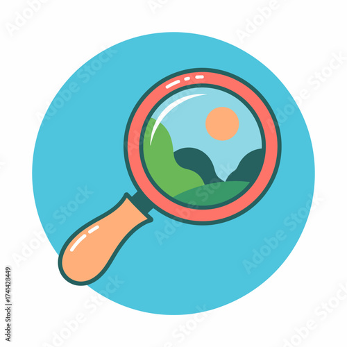 A vibrant, cartoonish magnifying glass image showcasing a beautiful landscape within its lens, emphasizing exploration, curiosity, and the joy of discovery in a playful style.
