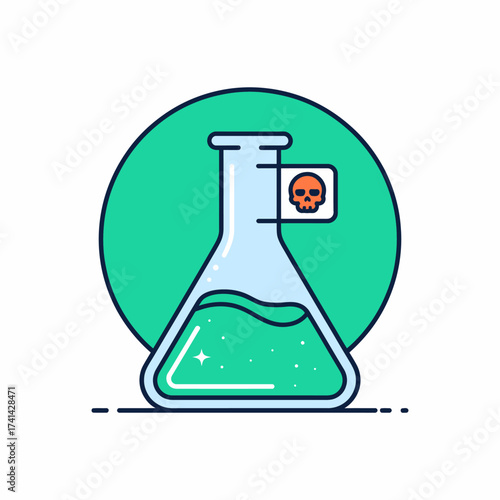 This image depicts a laboratory flask filled with bubbling green liquid and a skull & crossbones label, symbolizing toxicity and the science of chemistry.