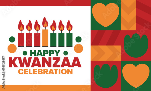 Kwanzaa Happy Celebration. African and African-American culture holiday. Seven days festival, celebrate annual from December 26 to January 1. Black history. Poster, card, banner and background. Vector