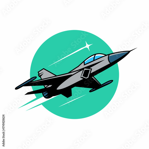 This image depicts a stylized illustration of a fighter jet soaring through a vibrant circle, symbolizing speed, power, and the thrill of aviation and flight dynamics.