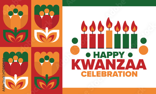 Kwanzaa Happy Celebration. African and African-American culture holiday. Seven days festival, celebrate annual from December 26 to January 1. Black history. Poster, card, banner and background. Vector