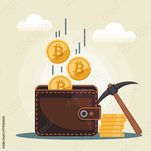 An illustrative image of a cryptocurrency wallet, featuring Bitcoin coins and a pickaxe, symbolizing digital currency storage and mining, ideal for finance and crypto themes.
