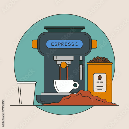 An elegant espresso machine surrounded by coffee beans and a cup, emblematic of quality coffee culture, perfect for cafés, baristas, and coffee enthusiasts seeking vintage style.