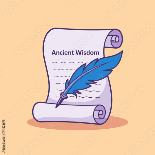 A beautifully illustrated scroll with a quill pen prominently positioned, representing the essence of ancient wisdom and knowledge that transcends time.